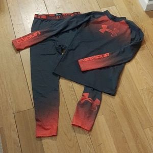 Under Armour Cold Gear 2 Piece Set, Top & Longjohns, Grey & Red, Youth XL, YXL.